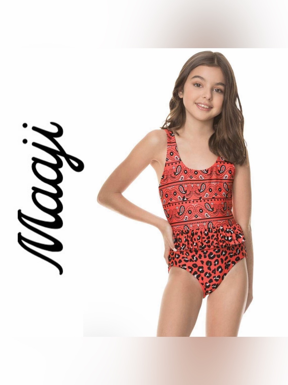 Maaji Red Paisley & Leopard Print Girls' One-Piece Swimsuit